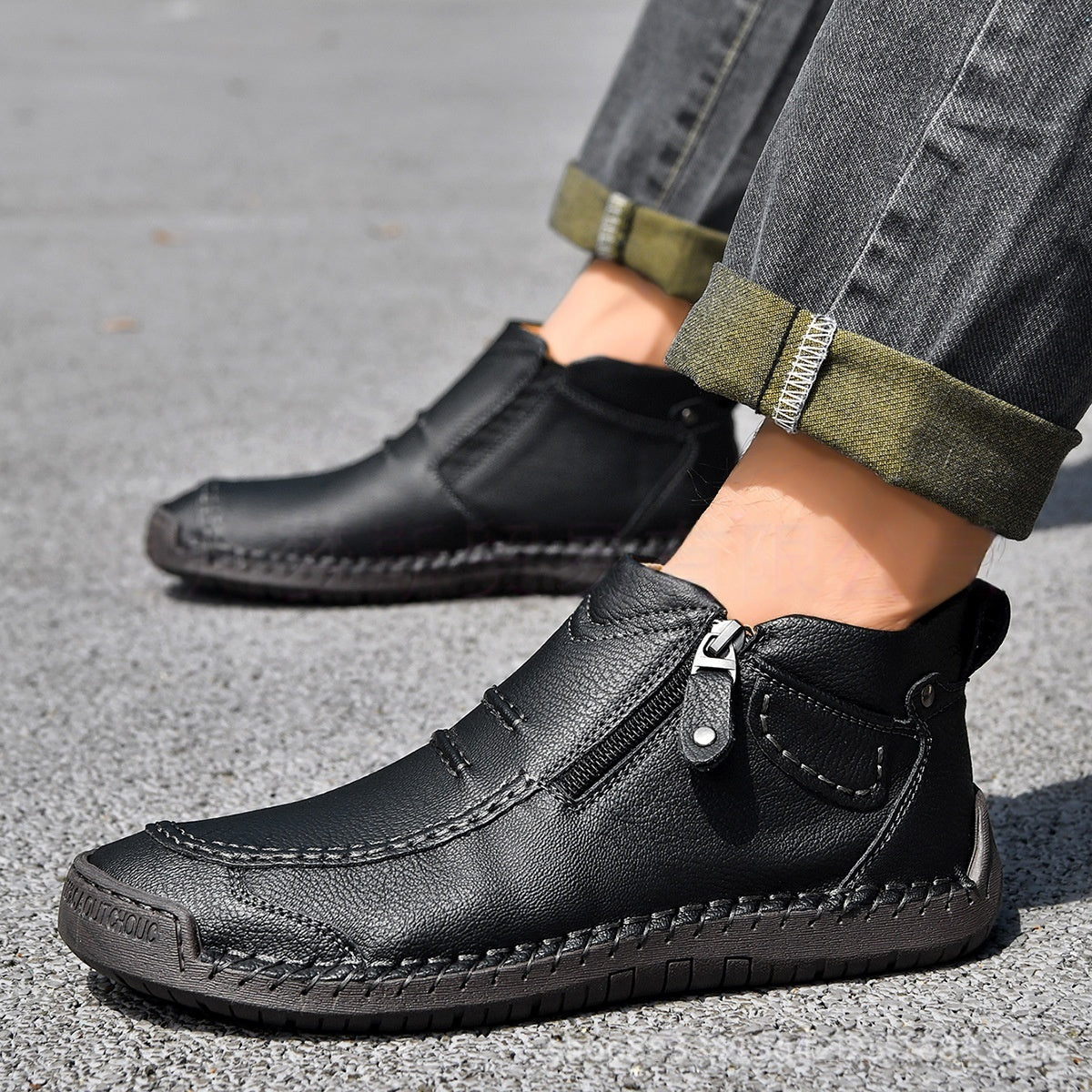 Men’s Ankle Boots Side Zipper – Casual Fashion Flats, Lightweight Comfortable Commuter Shoes for Everyday Wear